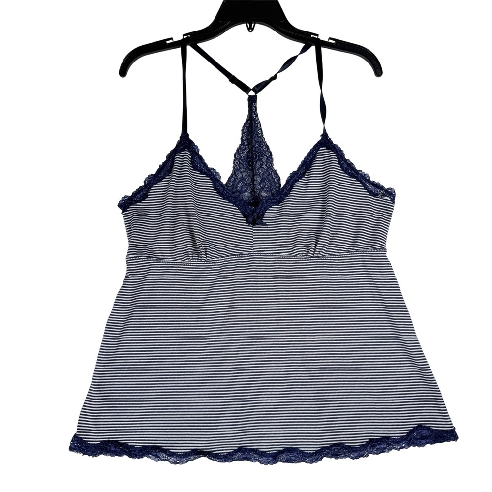 Laura Ashley Cami Top Womens XL Navy White Striped Lace Racerback Coquette